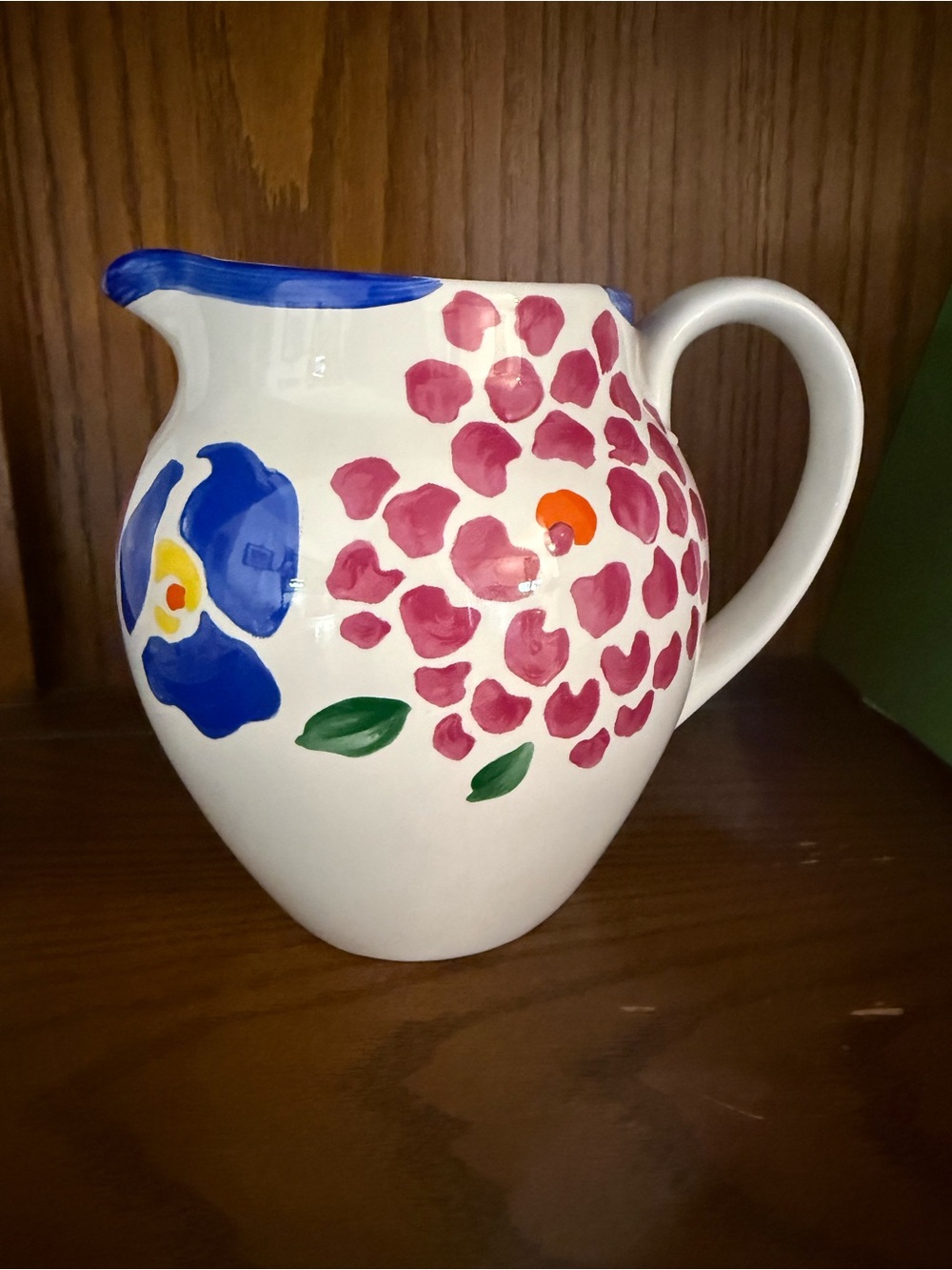 Vintage-hand Painted Floral Ceramic Pitcher in White with Pink and Blue Accents